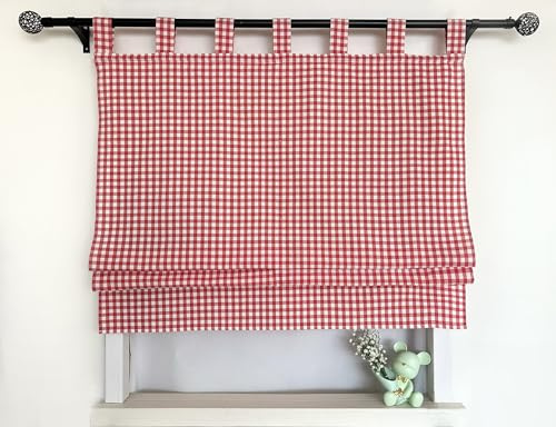 Daliena Raffrollo Kariert Raffgardine mit Schlaufen BxH 60x140cm Rot | Karomuster Küchenvorhang Landhausstil, Gardine Kurz Fenster, Blickdicht Vorhänge Wohnzimmer Rollos für Fenster 1 Stück