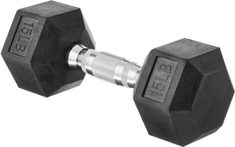 Amazon Basics Rubber Hex Dumbbell Hand Weight with Comfortable Grip for Home and Gym, 15 Pounds, Single