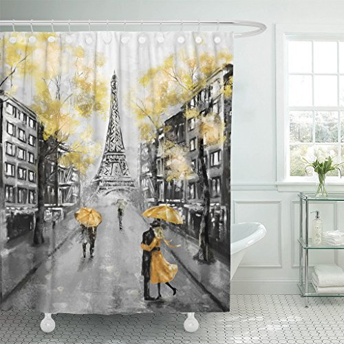 Emvency Cortina de ducha con pintura al óleo París, paisaje de la ciudad europea, Francia, Torre Eiffel negro, blanco y amarillo, moderna pareja bajo tela de poliéster impermeable, 183 x 183 cm