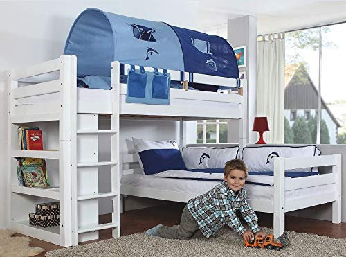 Froschkönig24 Etagenbett Beni L Kinderbett Spielbett Hochbett Bett Weiß Stoffset Blau/Delfin, Matratzen Oben/unten:ohne