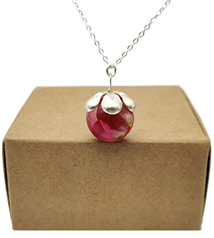Rot Rose Echte Blume Resin Glas 925 Sterling Silber Ketten mit Anhänger | Natürlich, Rosenblüte, Kugel, Damen, Handmade, Liebe, Romantische