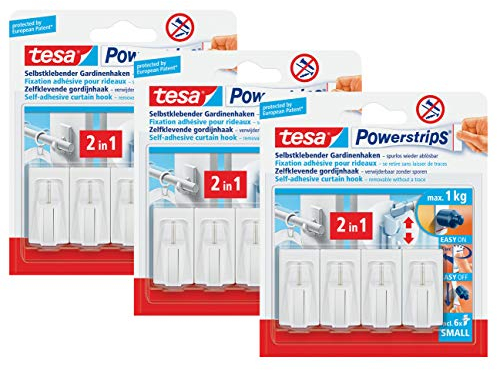 tesa Powerstrips Vario-Gardinenhaken/Selbstklebende Gardinenhaken von tesa - wieder ablösbar und mehrfach verwendbar/Bis 1 kg Belastung (12 Haken, 3er Pack Weiß)