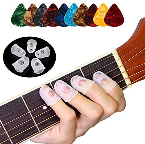 40 Pcs Silicone Guitar Finger Guards Guitar Fingertip Protection Covers Caps with 10pcs Guitar Picks for Stringed Instruments(5 Sizes)