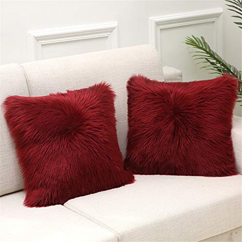 Martin Kench 2PCS Kissenbezug Kunstfell Reißverschluss Kissenhülle Kissenbezüge Fellkissen Sofakissen Fell Bezüge Kissen Hülle Sofa Deko Hüllen (Weinrot,50 * 50cm)