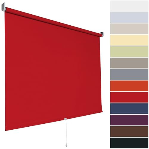 Verdunkelungsrollo Springrollo Mittelzugrollo Rollo | 13 Farben | Breite 62 bis 202 cm Höhe 180 cm | Stoff lichtundurchlässig | Wand- und Deckenmontage (Größe 102 x 180 cm, Farbe Dunkelrot, Rot)