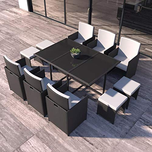 CONCEPT USINE - Salon De Jardin Florida 10 Personnes en Résine Tressée Noir - 1 Table en Verre - 6 Fauteuils - 4 Poufs - Coussins Blanc - Encastrable, Résistant, Imperméable