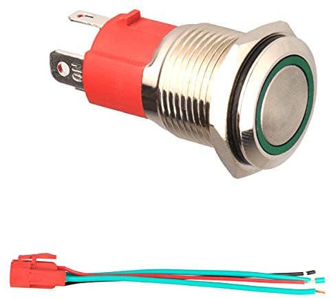 GUUZI 12V-24V /15A Botón Pulsador Momentáneo NO Impermeable Luz LED Verde Iluminado Botón de Arranque de Energía de Metal de 19mm con Cable de Enchufe