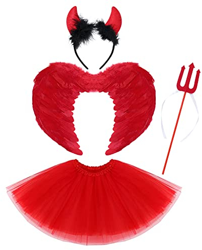 Kids Girls Devil Costume Red Feather Angel Wings Horn Headband Pitchfork Tutu Skirt 4PCS Accessories Set Children Valentine's Day Halloween Birthday Christmas Party Fancy Dress Up Red 2-12 Years