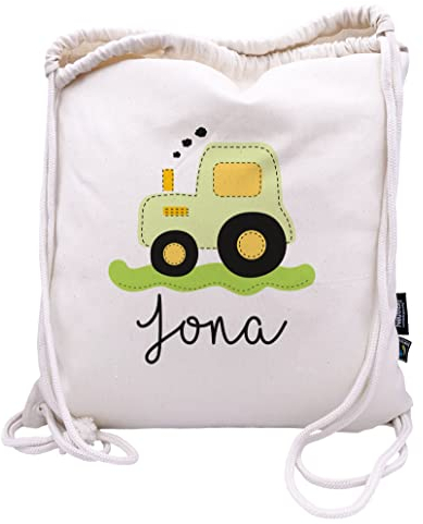 Bio Turnbeutel mit Namen personalisiert & Bedruckt | Motiv Traktor Grün | Stoffbeutel Schuhbeutel Sportbeutel Wäschebeutel Rucksack für Kinder Jungen & Mädchen | inkl. NAMENSDRUCK