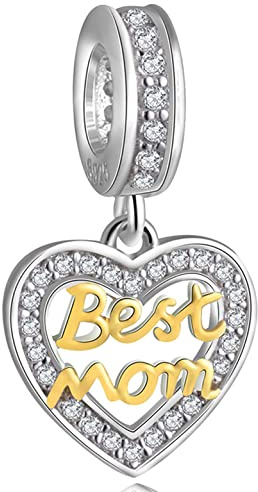 Best Mum Pendant Charms fit Pandora First Mothers Day Bracelet/Necklace, 925 Sterling Silver 18K Gold Best Mom Heart Dangle Beads, Mummy Gifts for Godmother/Grandma/Mother in Law