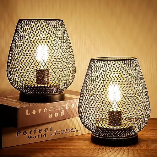 TRIROCKS Set of 2 Metal Battery Operated Table Lamp 17cm Tall Metal Cage Shape Cordless Lanterns with LED Edsion Bulb for Patio Garden Wedding Parties Indoor Outdoor (Brown)