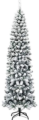 GYMAX Sapin de Noël Artificiel 225 CM, 641 Branches Denses, Matériau en PVC, Arbre de Noël Crayon Flocké par Neige avec Support en Métal, Décoration de la Fête de Noël pou Maison, Bureau