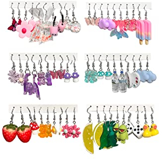 GIFIKOI 30-40 Cute Funny Earrings - Gummy Bear, Duck, Mushroom, Fruit & Flower Designs in Acrylic & Cubic Zirconia