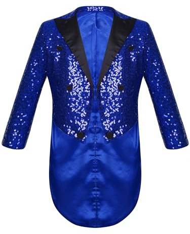 iiniim Kinder Jungen Pailletten Jacke Glitzer Frack Jacke Festlich Hochzeit Anzugjacke Blazer Mantel Jazz Disco Street Dance Outfits Blau 122-128
