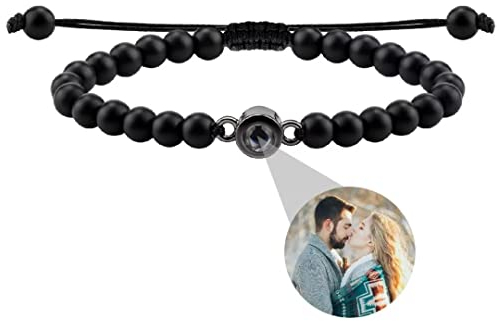 Personalisiertes Foto-Armband Mit Runder Perle - Projektion Mit Bild im Stein - Ich Liebe Dich in 100 Sprachen - Für Damen, Herren, Paare - Freundschaftsgeschenk - Einstellbares Seilband