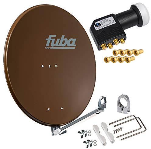 HB-DIGITAL hb-digita & Fuba 80cm Satellitenantenne DAL 800B braun Aluminium Schüssel Reflektor Spiegel Klapparm Quad LNB 4 Teilnehmer UHD schwarz + vergoldete F-Stecker