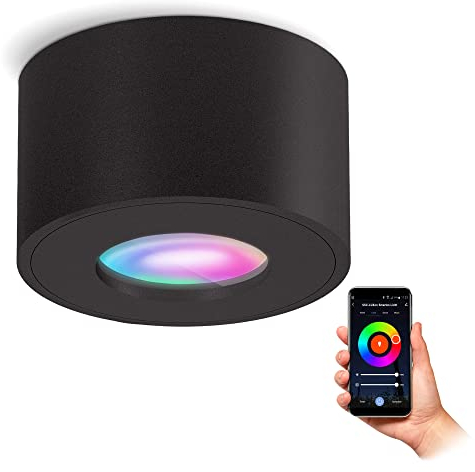 SSC-LUXon CELI-1 Aufbaustrahler schwarz Feuchtraum IP44 mit Smart RGB+W LED Lampe - Deckenspot kompatibel mit Alexa, Siri & Google