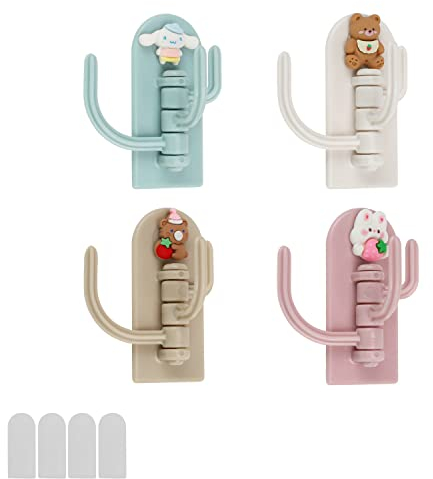 KINHARD Selbstklebende Kleiderhaken, Set mit 4 Dreifach Drehbaren Freien Schlaghaken, Kinder Klebehaken, Bunte Cartoon Tiere Niedliche Wandhaken für Küche Schlafzimmer und Badezimmer