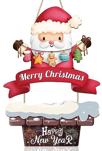 CHDITB Merry Christmas Decor Happy New Year Wooden Sign Decorations (19x12inch) Cute Xmas Christmas Wall Art,Winter Party Hanging Door Sign for Home Festival Porch Front Door Decor