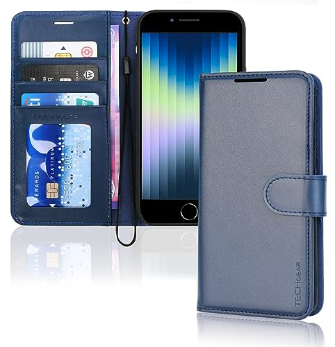 TECHGEAR Étui portefeuille en cuir synthétique pour iPhone SE 2022 5G/2020, iPhone 8/7/6, avec porte-cartes et dragonne, bleu, fermeture magnétique pour iPhone SE 3/SE 2/iPhone 8 7 6 6S 4,7