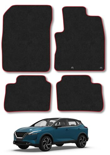 Nissan Qashqai (2021+) [E-Power] Carpet Car Mats | Red Edge Trim Tailored Fit Floor Mats Full Coverage Protection Accessories Easy Clean Anti Slip Made in the UK