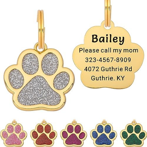 Personalisierte Hundemarke mit Gravur in Pfotenform, Silber, Dog Tag | Gut lesbare Kontaktdaten, bis zu 5 Zeilen, 4 Ringe in 3 Größen
