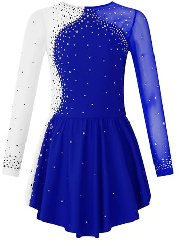 Aislor Tanzkleid Mädchen Pailletten Eiskunstlauf Kleid Kinder Langarm Ballettkleid Tanztrikot mit Rock Kleider Gymnastikanzug Wettbewerb Tanz Kostüme W Königsblau 146-152