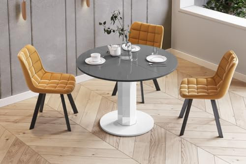 Design Esstisch rund HES-111 Grau Hochglanz / Weiß Hochglanz ausziehbar 100 cm bis 148 cm runder Esszimmertisch Küchentisch rund Funktionstisch oval kitchen table Esszimmer dining table Ausziehtisch