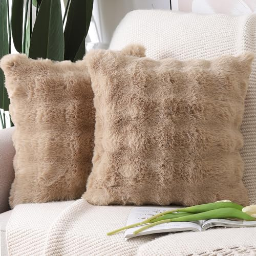 Madizz 2er Set Sanft Plüsch Kurze Wolle Samt Dekorativ Zierkissenbezüge Luxus Stil Kissenbezug für Sofa für Schlafzimmer Kamel 40x40 cm