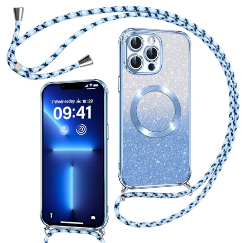 Phoona Cover Magnetica Glitter per iPhone 13 Pro con Cordino, [Compatibile con MagSafe], Brillantini Sottile Lucida TPU Silicone Custodia per iPhone 13 Pro Morbido Antiurto Cover, Blu