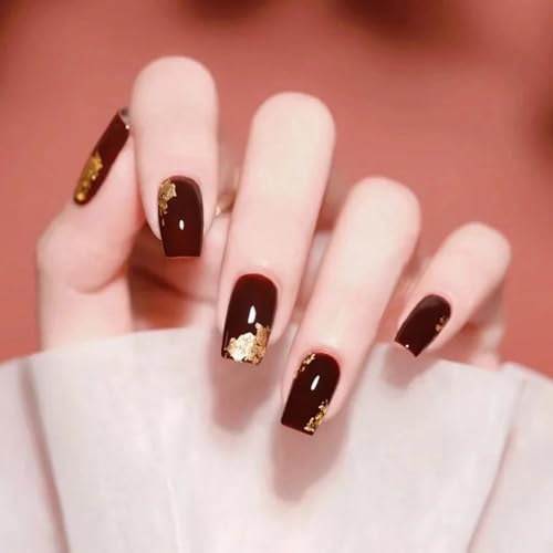 Ceboic Eckig Press on Nails Kurz, French Tips Kunstnägel Nägel Zum Aufkleben Weinrot Gel Künstliche Fake Nägel mit Goldfolie, 24 Stück Quadratisch Fingernägel zum Aufkleben für Frauen & Mädchen
