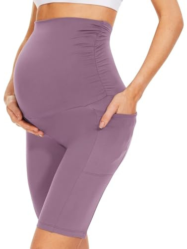 QGGQDD Legging de grossesse court avec poches - Pantalon de grossesse pour femme enceinte, Rose, S