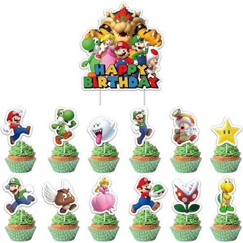 49 Stück Super Cupcake Toppers, Super Geburtstag Tortendeko, Pilz Cartoon Geburtstags Dekorations, Klempner Cake Topper Kuchen Deko, Kuchendekoratio für Jungen, Mädchen und Kinder