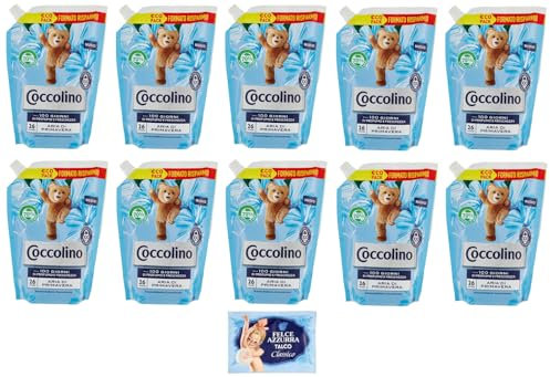 10x Coccolino Ammorbidente Concentrato Aria di Primavera,Eco Pack 26 Lavaggi,Formato Risparmio in Busta da 600ml + 1 Busta di Talco Felce Azzurra in omaggio da 100g