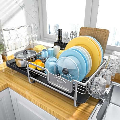 Urackify Escurreplatos Extensible, Escurridor de Platos de Aluminio, Escurreplatos De Gran Capacidad con Soporte para Copas de Vino, Escurreplatos Plegable para Encimera de Cocina