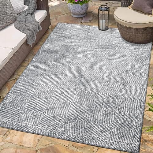 carpet city Outdoor Teppich Wetterfest 160x230 cm - Grau - Wendeteppich, Beidseitiges Meliertes Rauten-Muster - Balkonteppich Wasserfest Outdoor - Terrassenteppich