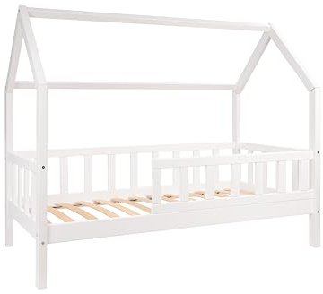 Alije Kinderbett Bett Hausbett mit Rausfallschutz 100x200 Weiß Julia Lattenrost Bettgestell aus Kiefer Holz für Haus Kinder Jungen & Mädchen - Holzbett Baby Kinderzimmer Junge Deko