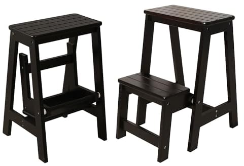 Klappbare Tritthocker aus Holz für Erwachsene und Kinder, Schwarze Küchenleiterhocker, robuster 2-Stufen-Hocker, Heimkletter-Leiterhocker, Fußhocker mit Stabiler, Rutschfester, breiter Trittfläche