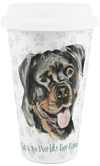 Purely Home World's Best Rottweiler Dog Ceramic Travel Mug - Novelty Gifts for Dog Dads - Reusable Silicone Lid Double-Walled Insulated Hot/Cold Drinks Tea Coffee Cup