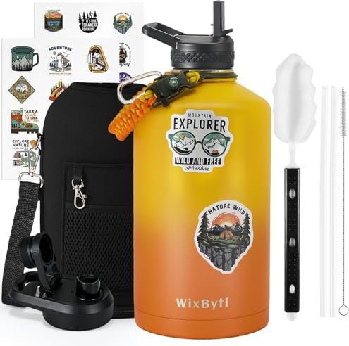 WixByti Bouteille d'eau isotherme de 3,7 l avec autocollants de bricolage, triple paroi sous vide froide pendant 48 heures, anti-fuite, sans BPA, grande carafe d'eau de sport en acier inoxydable avec