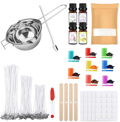 ALLAVA DIY Kerzenherstellung Kit für Erwachsene, Kerzenwachs, 500g, 4 Duftöle, 8 Kerzenfarben, Kerzendocht, Aufkleber, Dochthalter, Bastelset für die