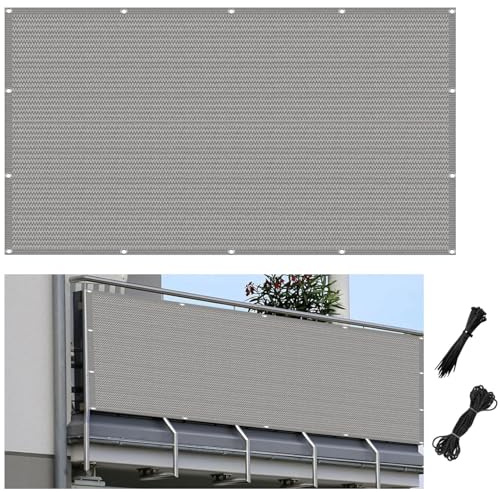 Balkon Sichtschutz Balkonabdeckung 120 x 140 cm Ohne Bohren Wind-Und Uv-Schutz Windschutz Folie Sichtschutz Zaun mit Kabelbinder für Balkongeländer, Hellgrau