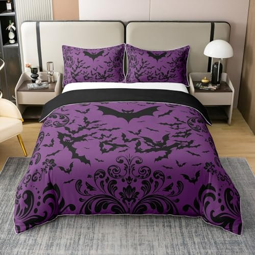 100% Baumwolle Fledermaus Bettbezug 135x200,Damast Blumen Vintage Weiche Tröster Bezug,Viktorianische Barock Halloween Thema Bettwäsche Set für Bett,Lila Schwarze Horror Tiere Bettbezug