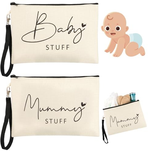Lot de 2 sacs à cosmétiques blancs en toile avec fermeture éclair, cadeaux naissance maternité pour future maman, femme enceinte, nouvelle maman, blanc