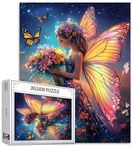 Puzzle tendance femme de 1 000 pièces pour adultes, familles (fille féérique, papillon, fleurs, jungle) pièces qui s'emboîtent parfaitement ensemble 50 x 70 cm – Puzzle magique à encadrer – Cadeau