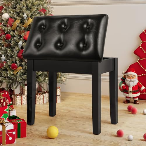 Klavierhocker, Klavierbank 55x35x49CM, Klavierstuhl mit Stauraum, Pianobank mit 4CM Dickes PU-Lederkissen, Massivholz Keyboardbank, Piano Bench Klavier Hocker bis 150KG Belastbar, Schwarz