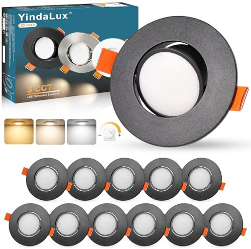 YindaLux Einbaustrahler LED Schwenkbar Einbauspots 230V Dimmbar 5W IP44 LED Spot 68-80mm Lochmaß Deckenspots 3000K/4000K/6000K Einbauleuchten für Badezimmer Wohnzimmer Küche Schwarz 12er Set