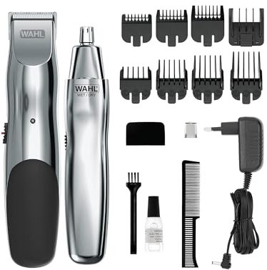 Kit recargable de cortabarbas Wahl Groomsman para bigote, vello de la nariz, detalles precisos y aseo personal con recortador adicional de nariz a batería en seco/húmedo