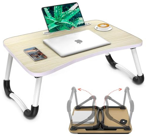 Avilia Tavolino Pieghevole da Letto con Porta Bicchiere e Leggio per Tablet, 60x40 cm, Nero, Salvaspazio, Facile da Trasportare, Ideale per Soggiorno, Camera, Aree Relax e Smart Working