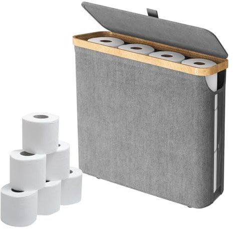 HIKENRI Toilet Paper Storage Basket,Toilet Roll Storage Basket with Lid,Bamboo Toilet Roll Basket Holder Organiser,Toilet Roll Storage Box,Free Standing Toilet Paper Container with Storage(Grey)